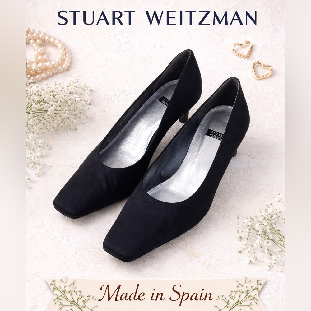 Stuart Weitzman Black Square-Toe Mid Heel Pumps